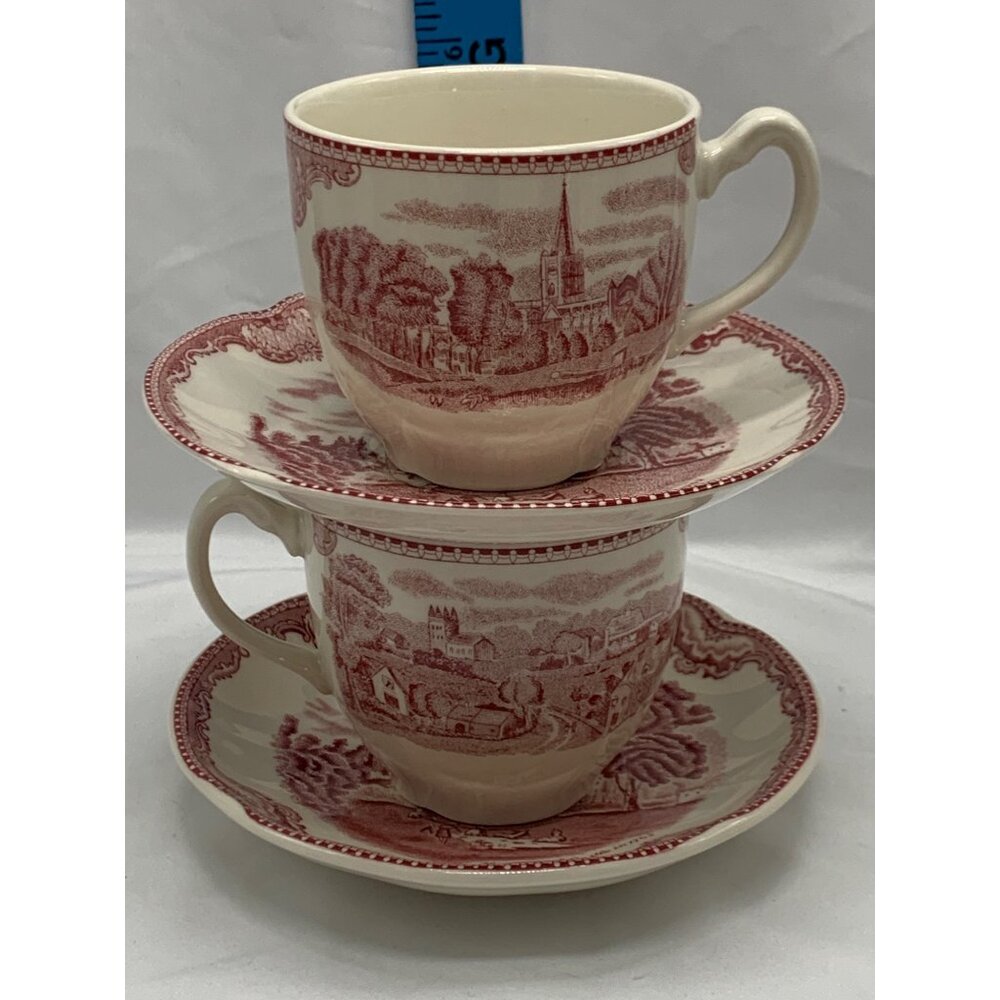 4 PC Johnson Bros Cup and 5.5" Saucer Plate Red Kentworth Scalloped